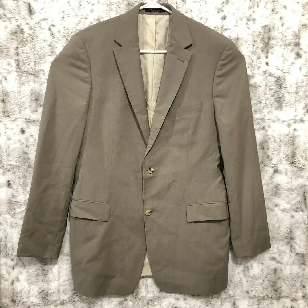 Boss Hugo Boss Mens 46L 100% Wool Blazer Sport Coat Beige 2 Button